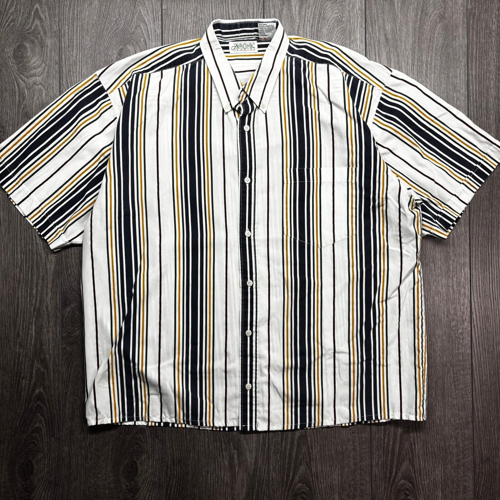 Ash Creek Trading Mens Large Vertical Stripe Button Down Shirt White Navy Yellow